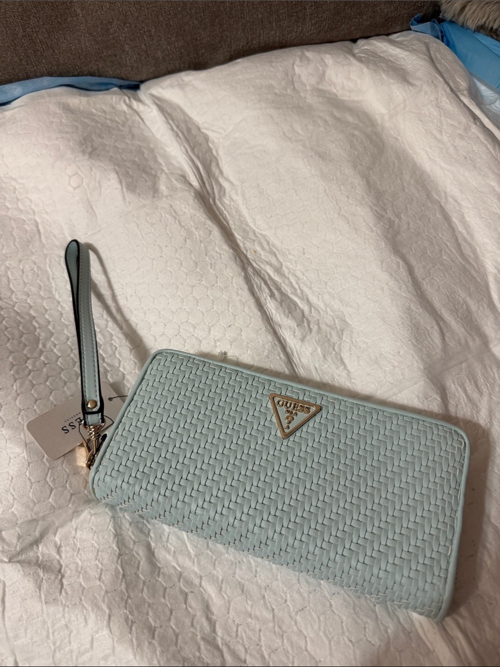 Guess Light Blue Woven Wristlet Clutch with Gold Logo